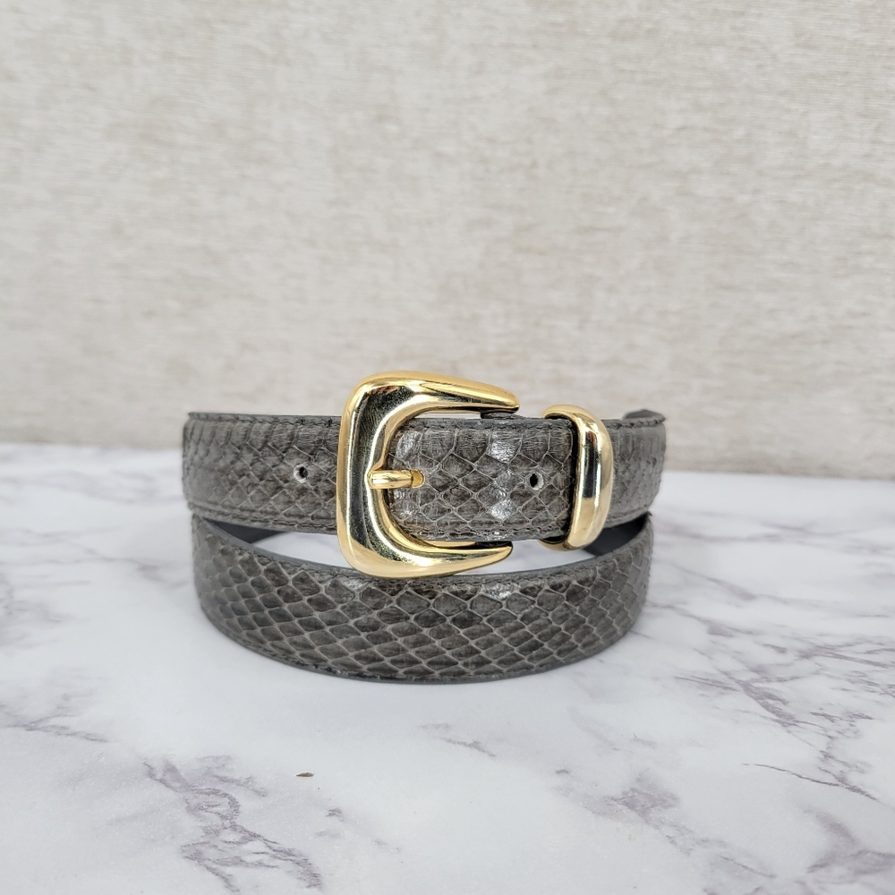 Vintage 80s Gray Genuine Snakeskin Leather Belt with Gold Tone Buckle